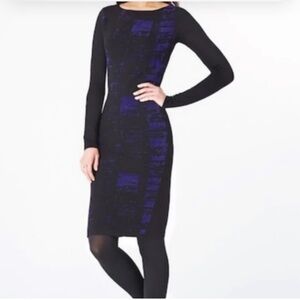 Elie Tahari DesigNation chenille long sleeve blue black stretch sheath dress XS